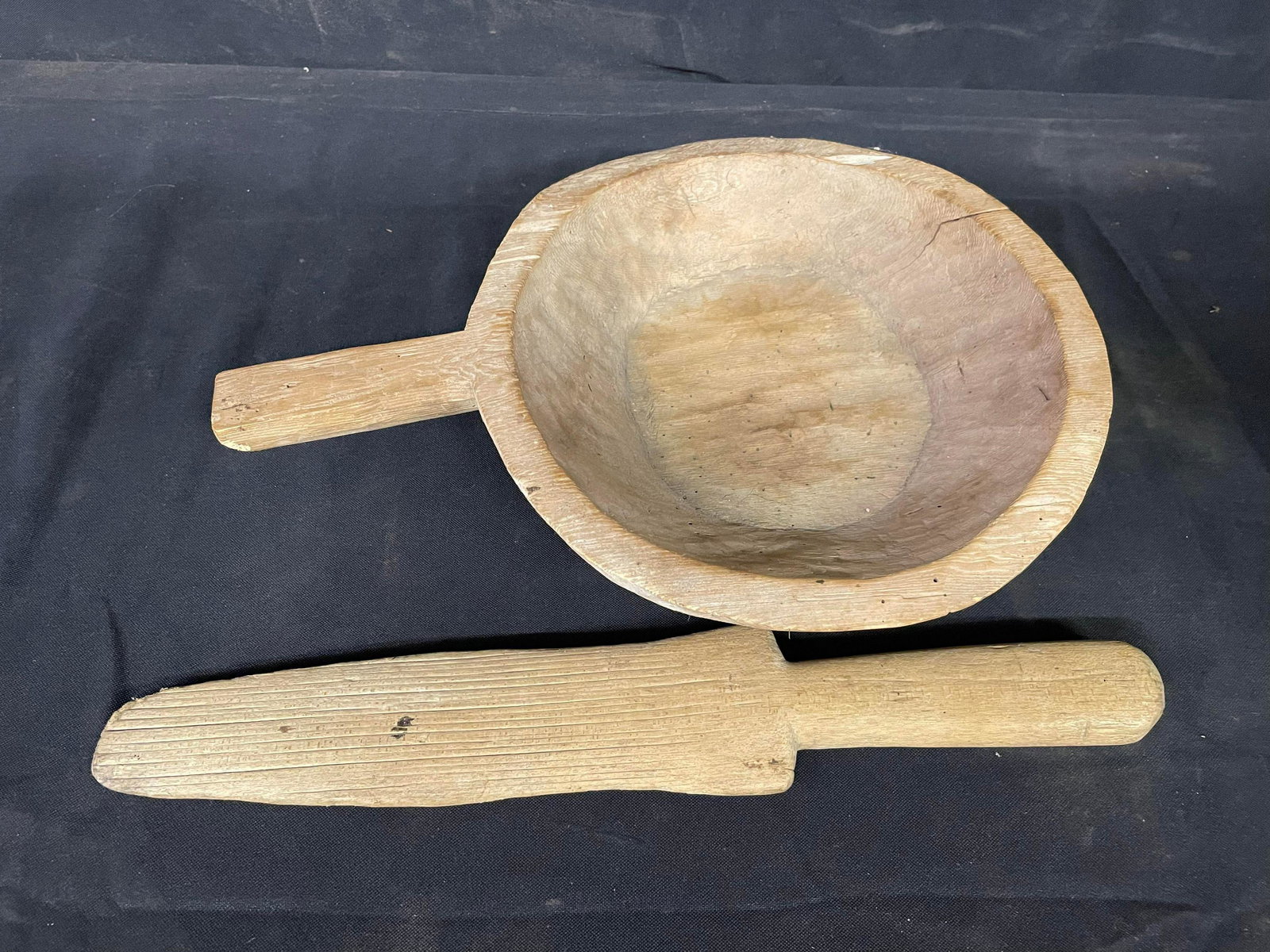 Primitive Carved Wooden Bowl With Handle And Butter Paddle (1 of 1)