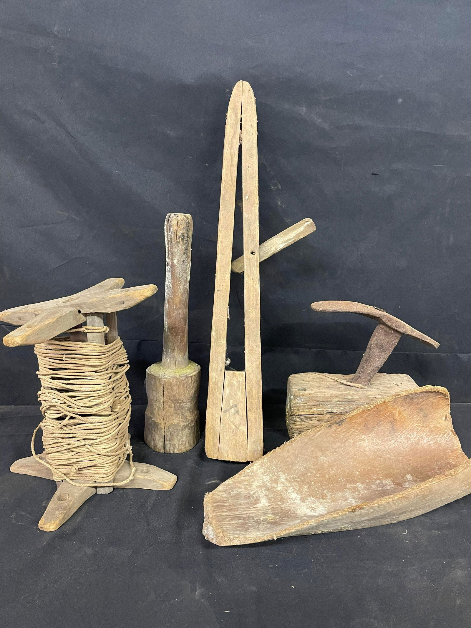 Collection Of Primitive Wooden Mallet/Butter Paddle, String Winding Tool, Shoe Horn On Board And (1 of 3)