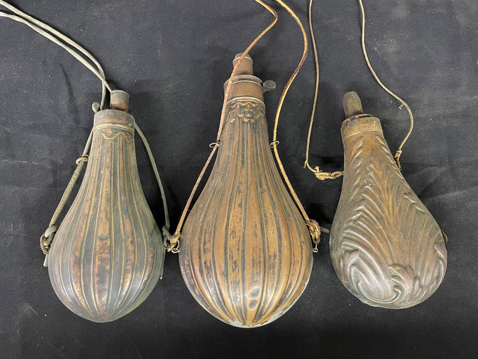 Trio Of Early Antique Brass/Copper Powder Flasks (1 of 6)