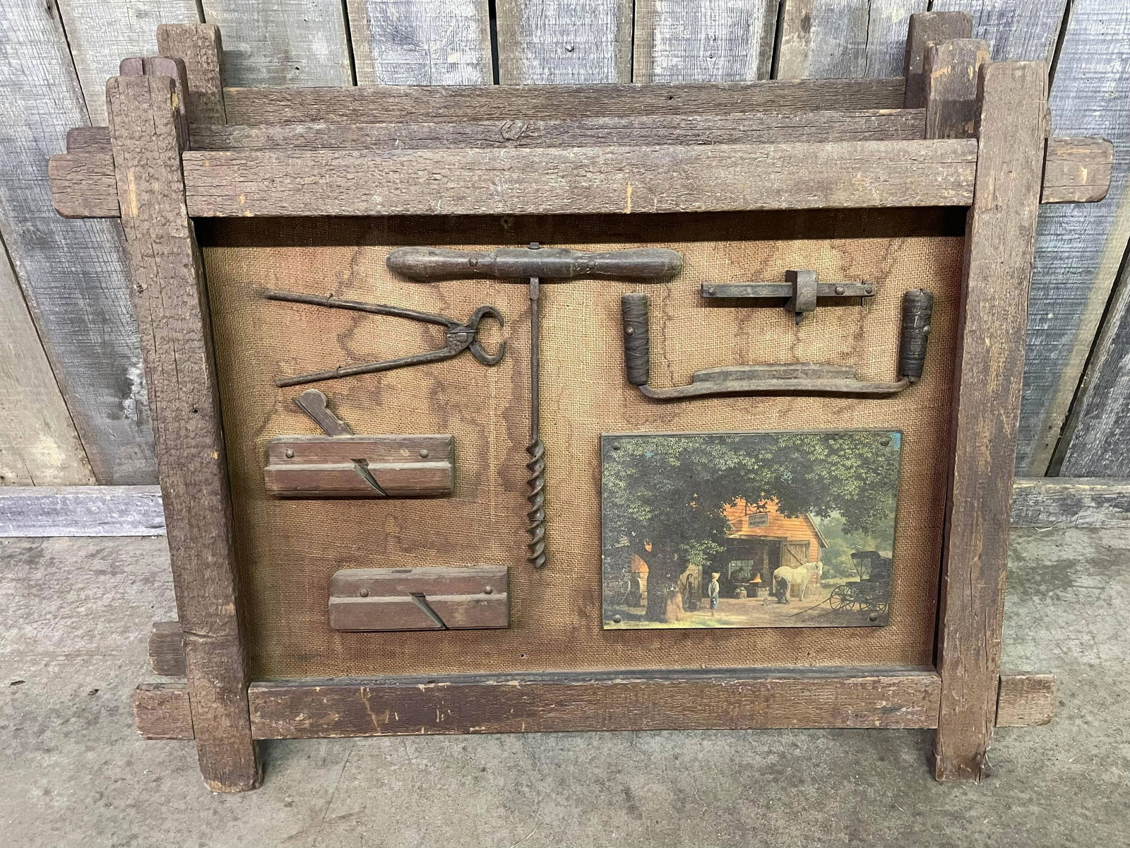 Primitive Tools And Items Mounted On Board With Wooden Frame App. 3'w (1 of 2)