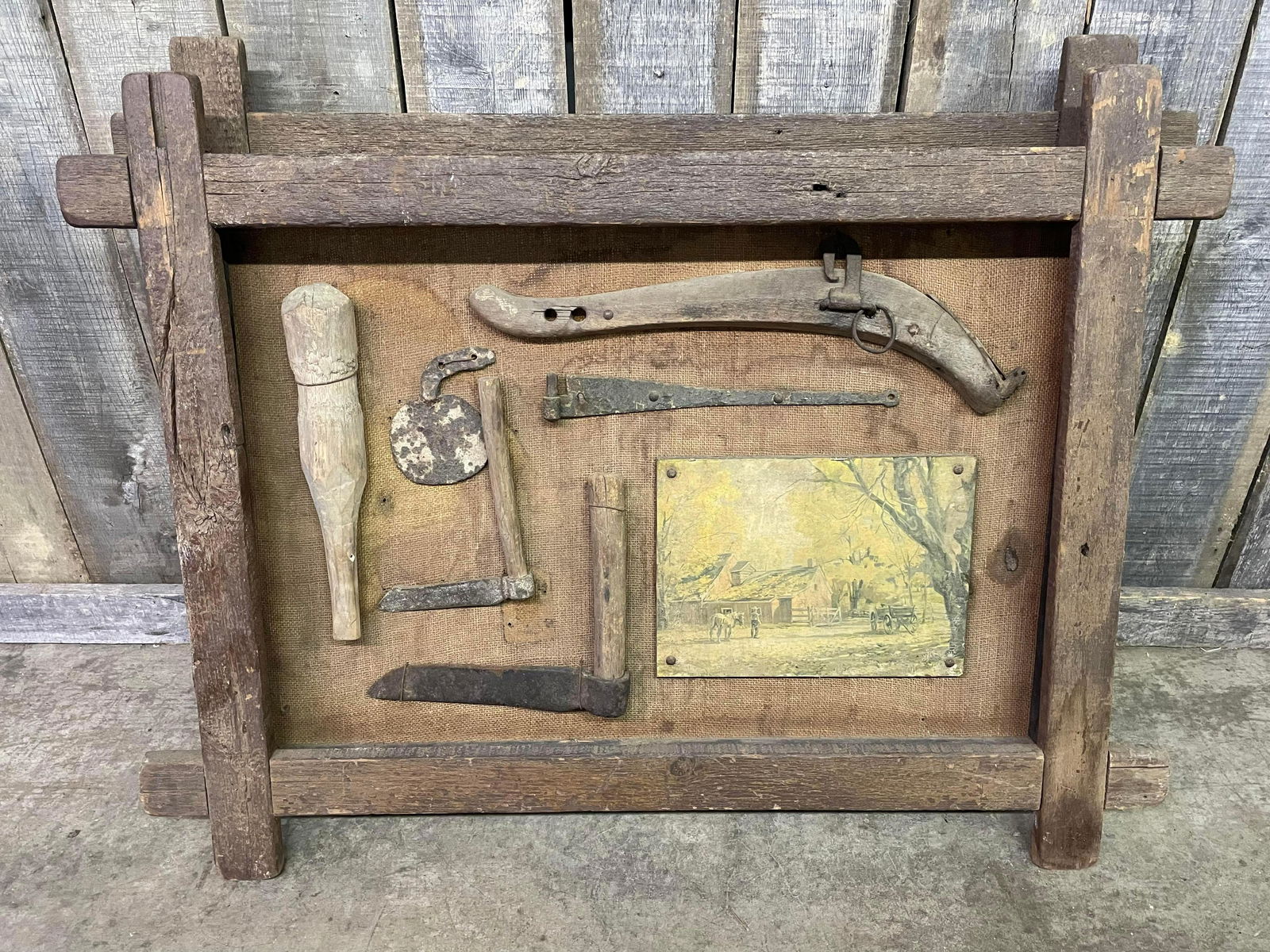 Primitive Tools And Items Mounted On Board With Wooden Frame App. 3'w (1 of 2)