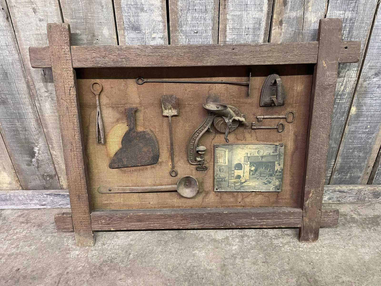 Primitive Tools And Items Mounted On Board With Wooden Frame App. 3'w (1 of 2)