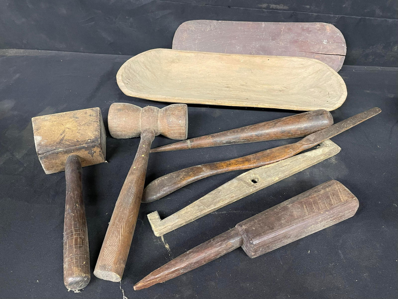 Lot Of Primitive Wooden Hand Tools And Items With Mallet, Tenderizer. Carved Wooden Bowl, Etc. (1 of 1)