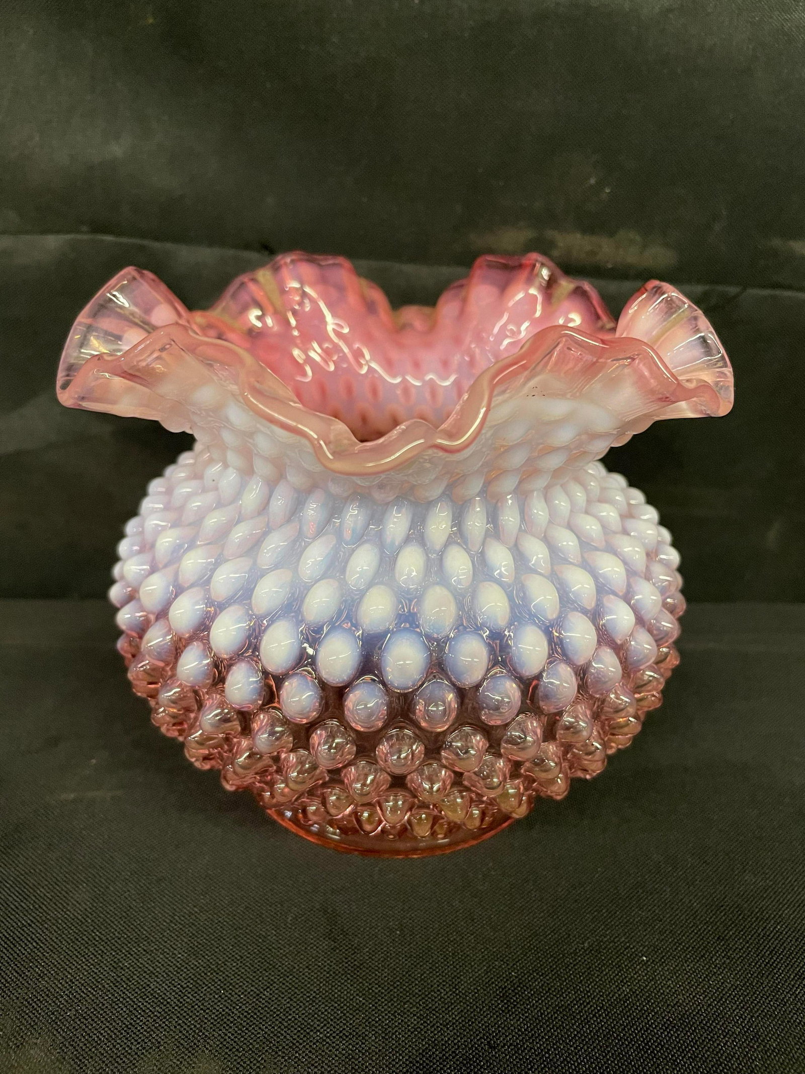 Cranberry Hobnail Fenton Opalescent Style Glassware Rose Bowl With Ruffle Edge: Cranberry Hobnail Fenton Opalescent Style Glassware Rose Bowl With Ruffle Edge