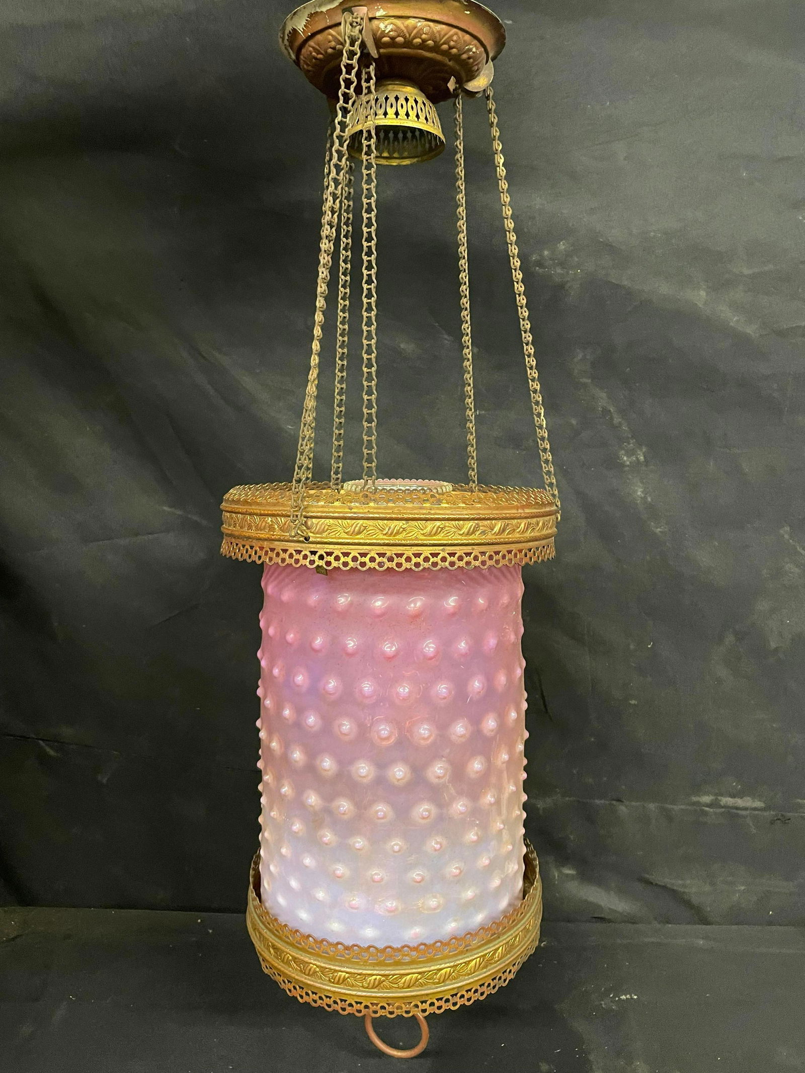 Antique Cranberry Hobnail Style Brass Hanging Light Fixture (1 of 5)