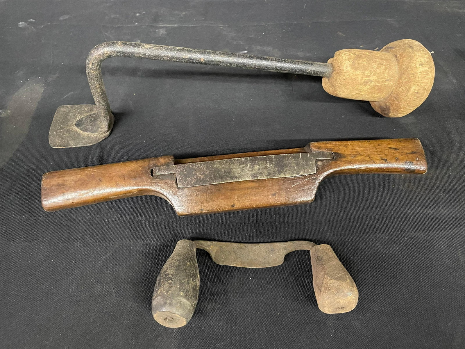 Trio Of Early Handle Tools Including Wooden Plane And Petite Draw Knife: Trio Of Early Handle Tools Including Wooden Plane And Petite Draw Knife