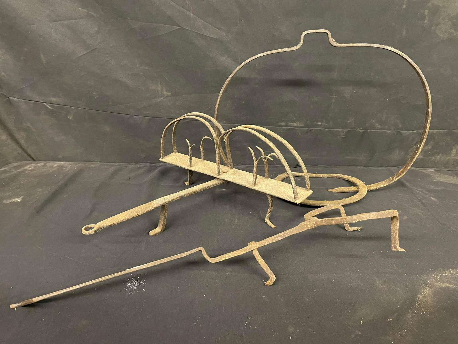 Trio Of Hand Forged Early Fireplace/Cooking Items Including Antique Primitive Hand Forged Fireplace: Trio Of Hand Forged Early Fireplace/Cooking Items Including Antique Primitive Hand Forged Fireplace Toaster,