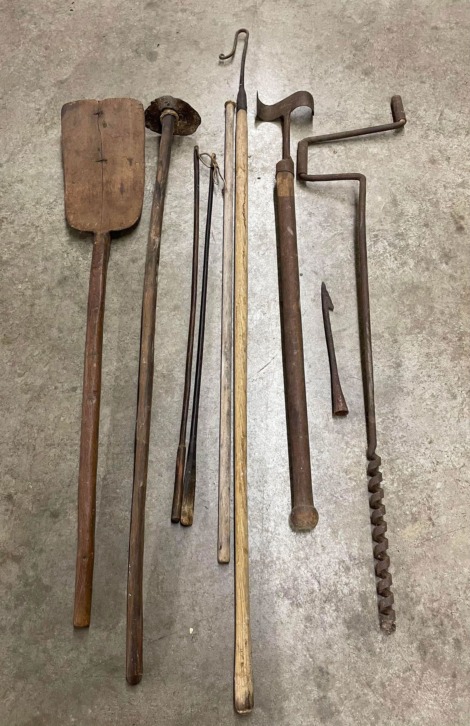 Antique Tools Including Augers, Bread Paddle, Chicken Catcher, Etc. (1 of 3)