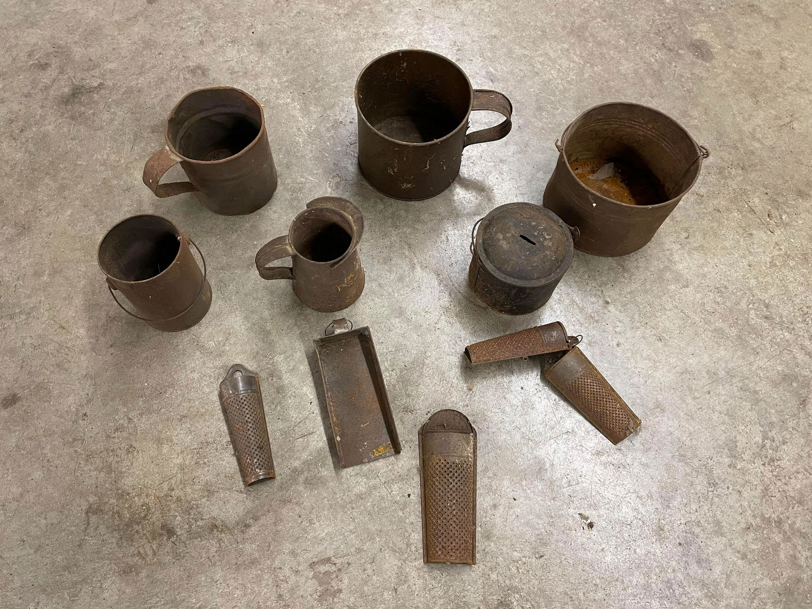 Tin Pitchers, Cups, Graters, Etc.: Tin Pitchers, Cups, Graters, Etc.