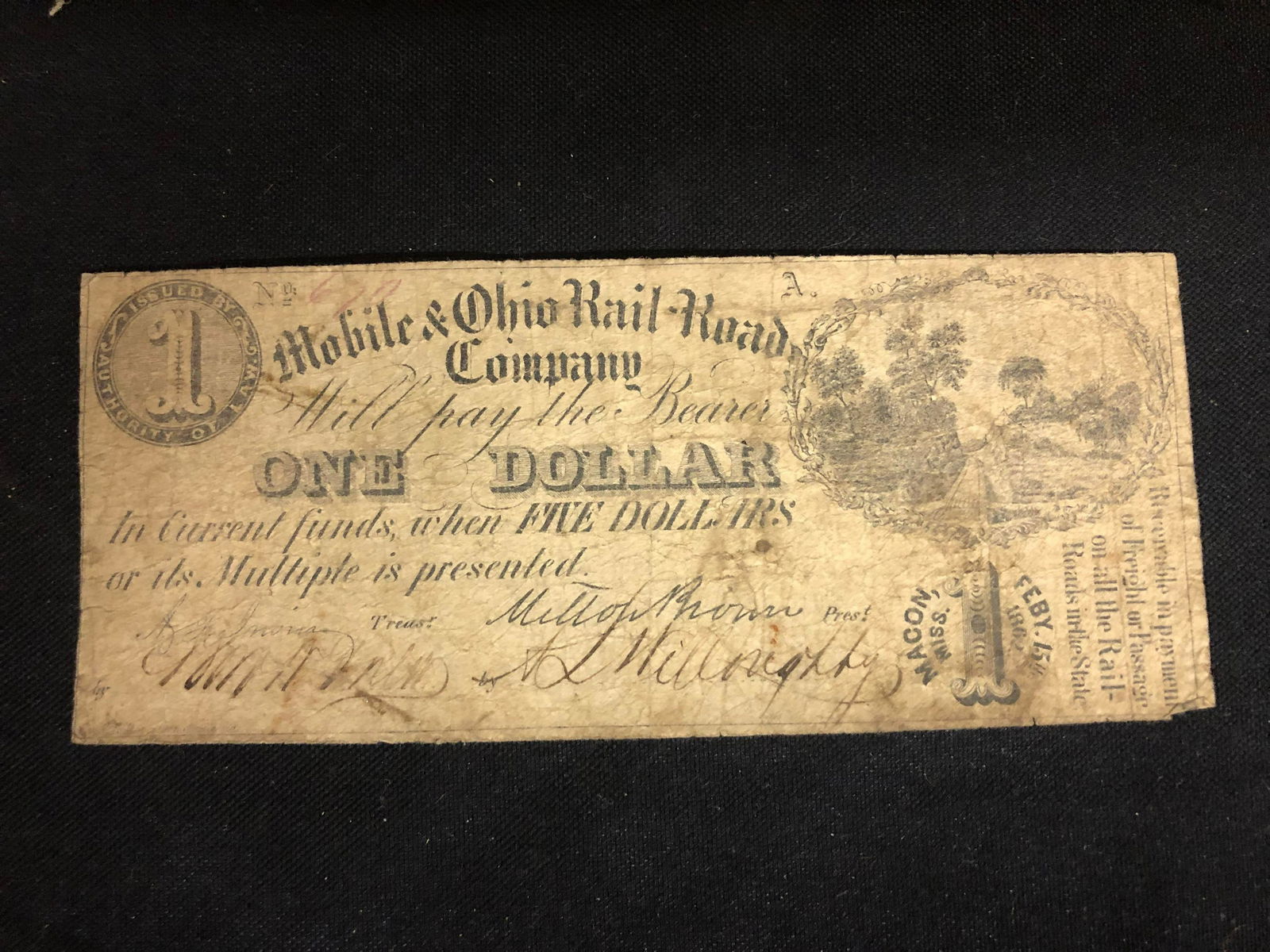 Authentic Confederate Mobile & Ohio Rail Road Company One Dollar Bill (1 of 2)