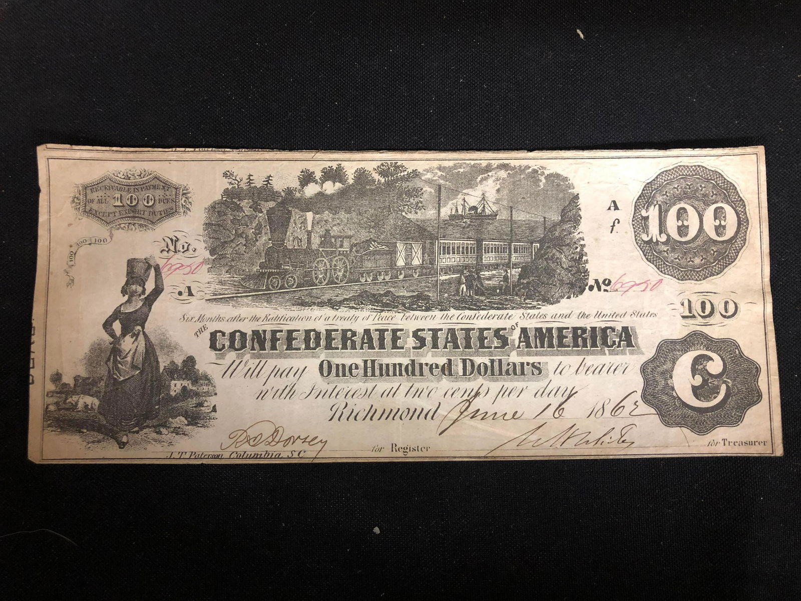 Authentic Confederate State of Virginia $100 Bill (1 of 2)