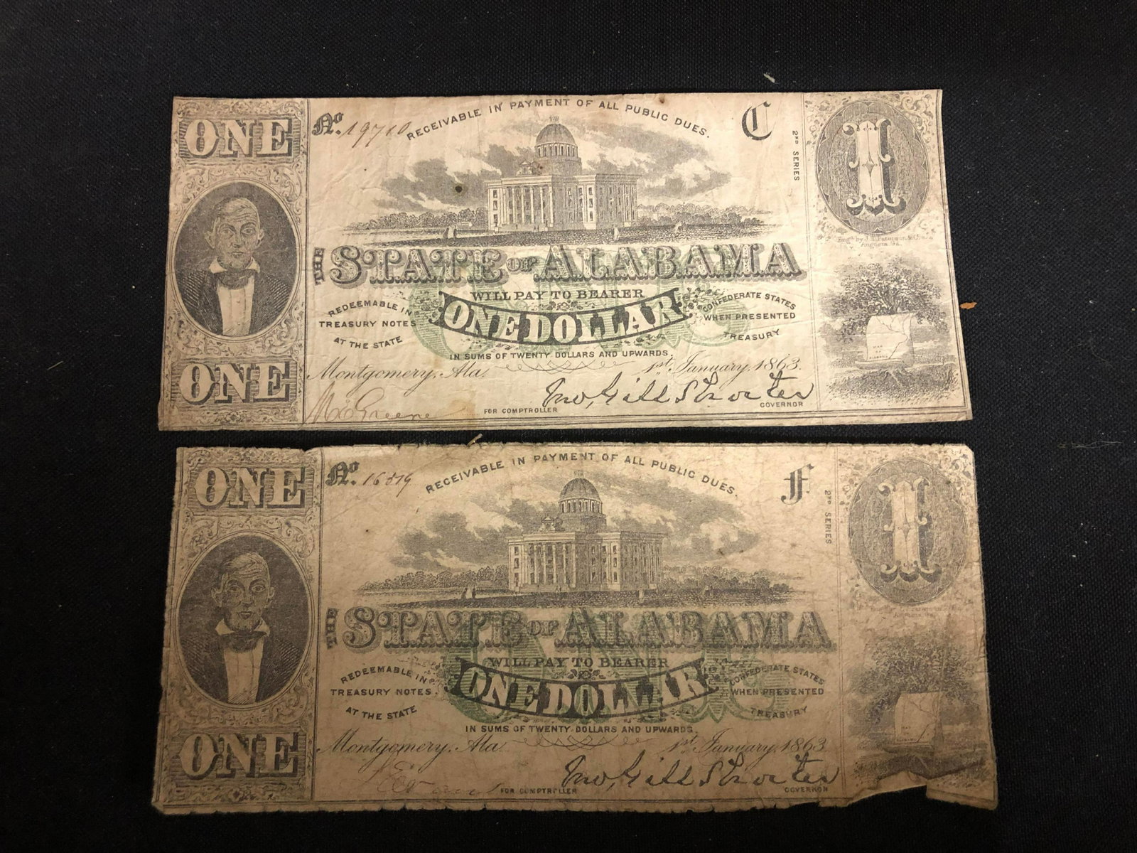 2 Authentic Confederate State of Alabama $1 Bills: 2 Authentic Confederate State of Alabama $1 Bills