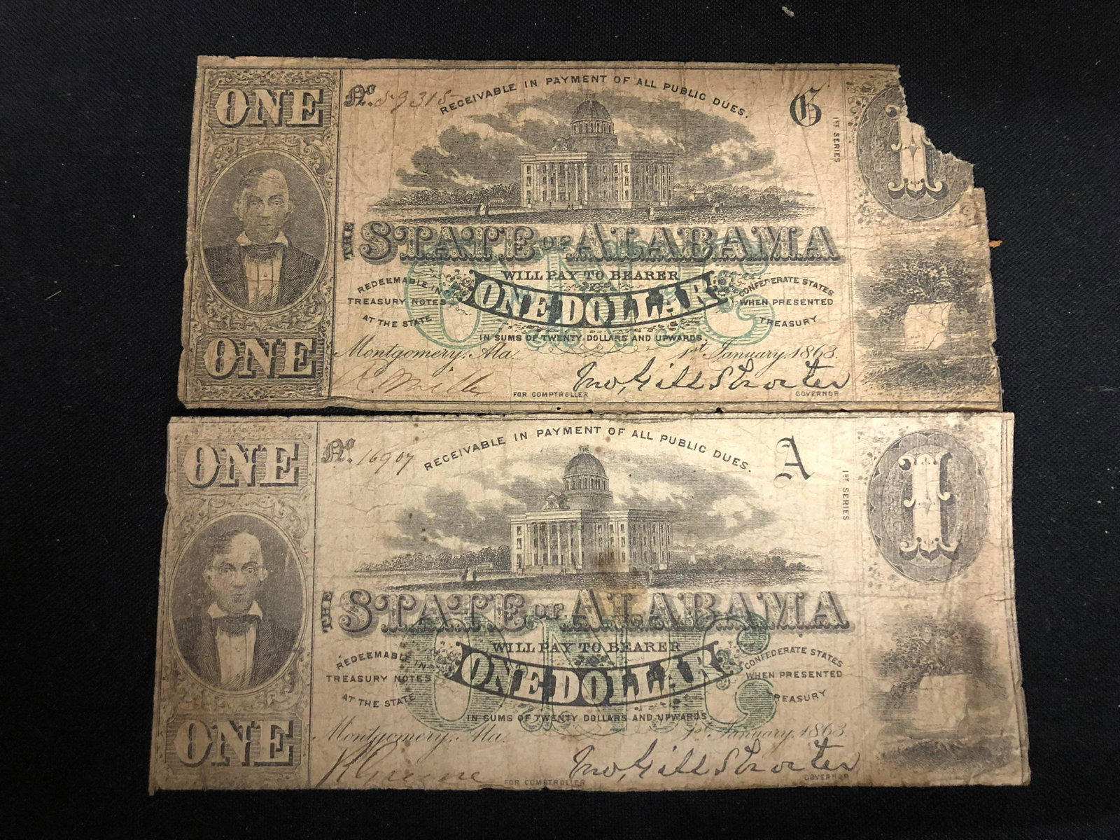2 Authentic Confederate State of Alabama $1 Bills: 2 Authentic Confederate State of Alabama $1 Bills