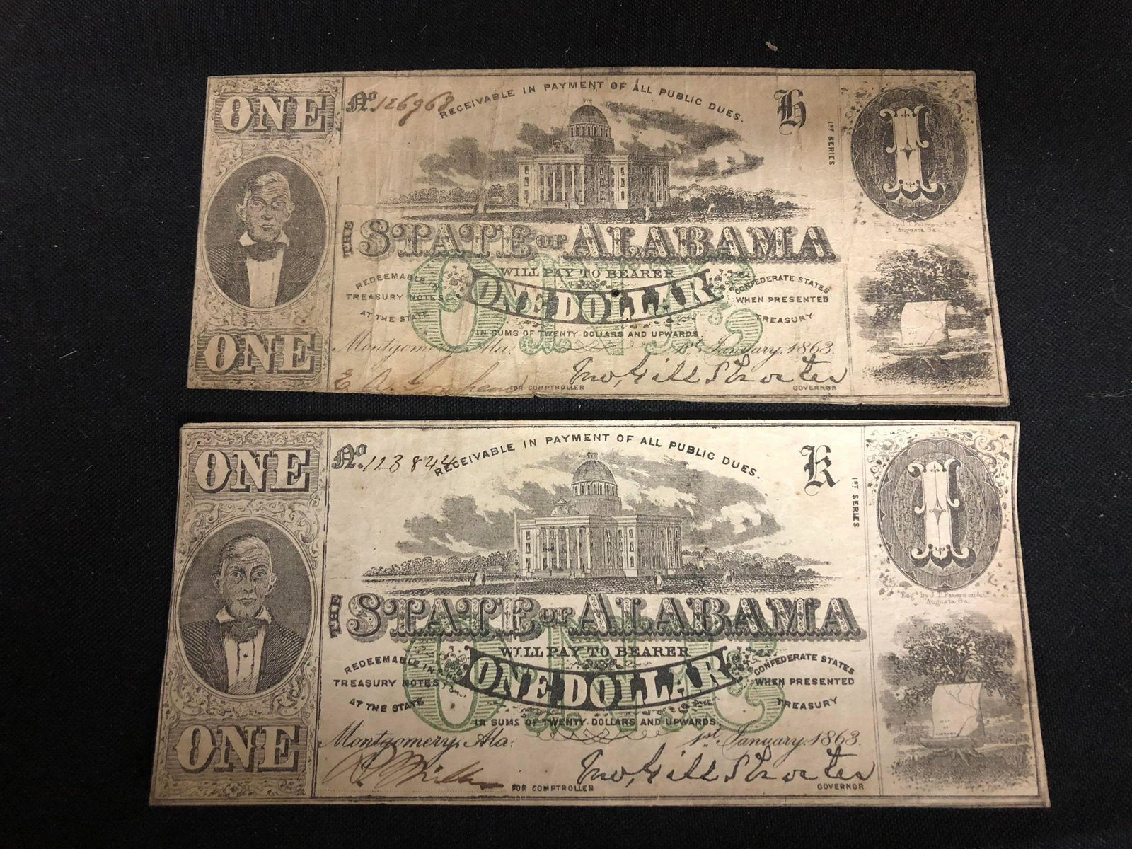 2 Authentic Confederate State of Alabama $1 Bills: 2 Authentic Confederate State of Alabama $1 Bills