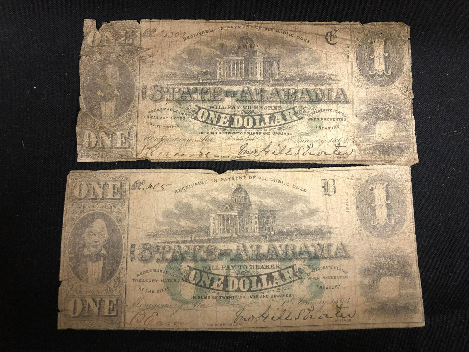 2 Authentic Confederate State of Alabama $1 Bills: 2 Authentic Confederate State of Alabama $1 Bills