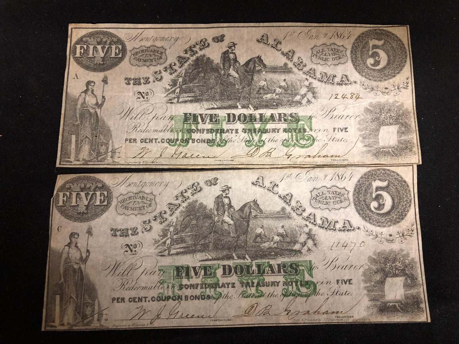 2 Authentic Confederate State of Alabama $5 Bills: 2 Authentic Confederate State of Alabama $5 Bills
