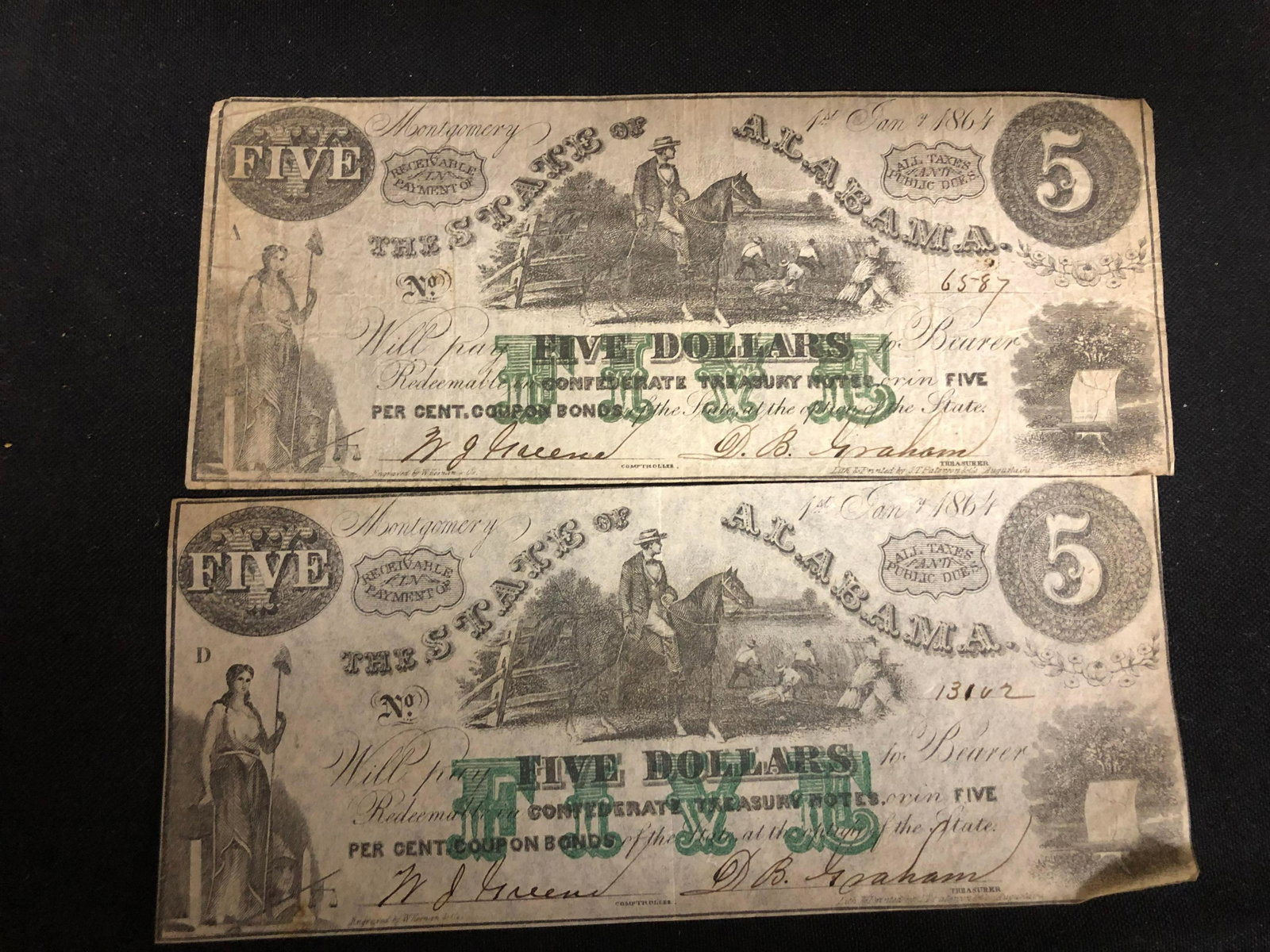 2 Authentic Confederate State of Alabama $5 Bills: 2 Authentic Confederate State of Alabama $5 Bills