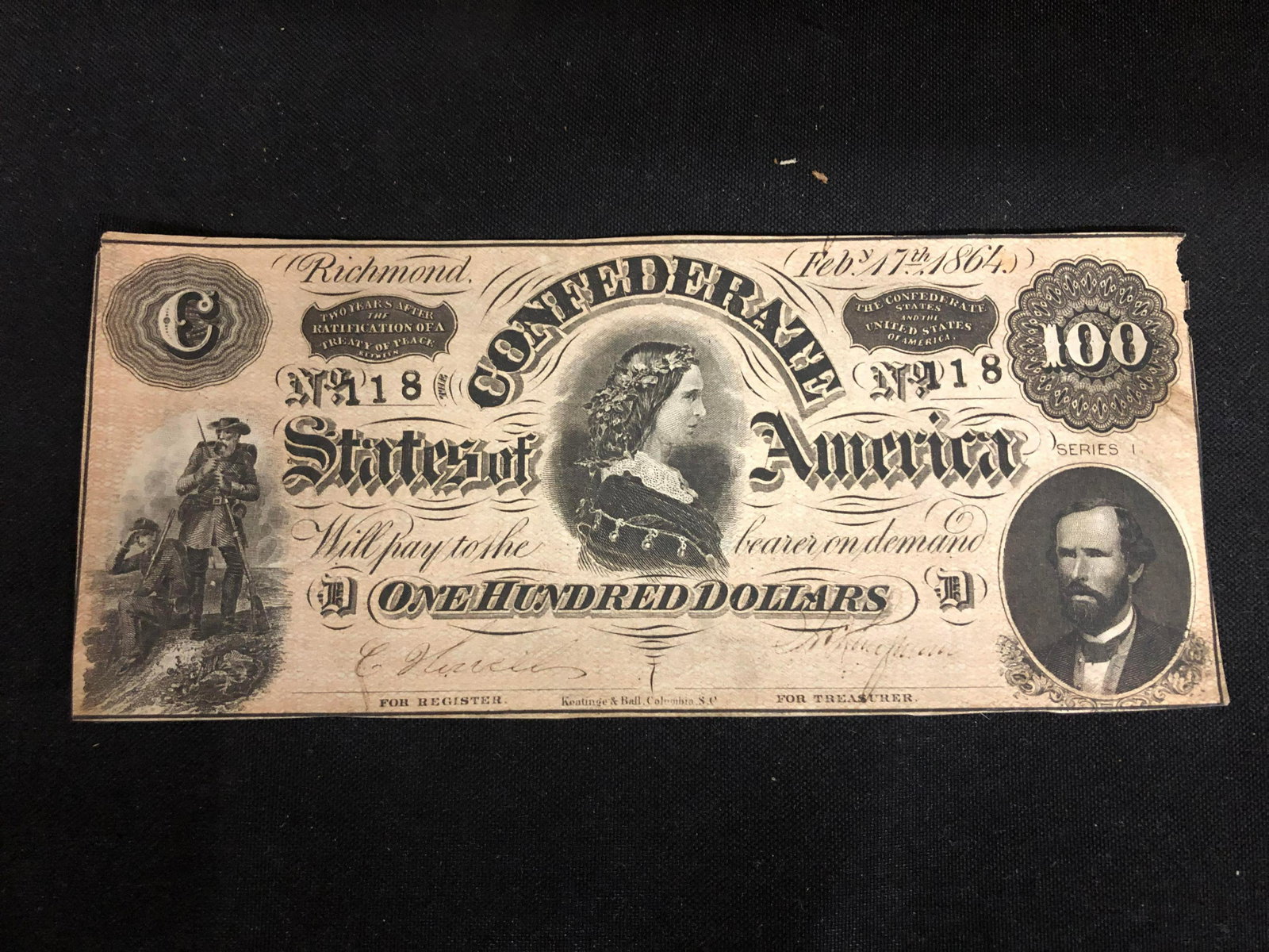 Authentic Confederate State of Virginia $100 Bill (1 of 2)