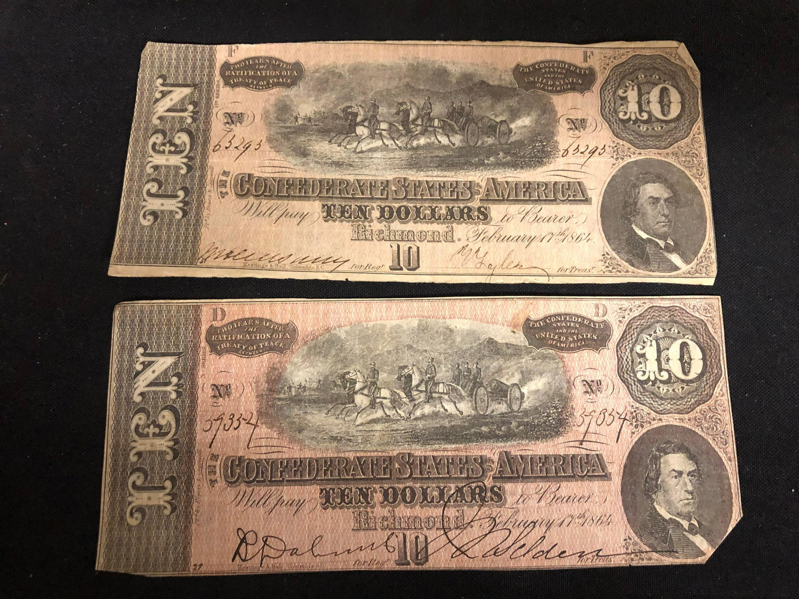 2 Authentic Confederate State of Virginia $10 Bills: 2 Authentic Confederate State of Virginia $10 Bills