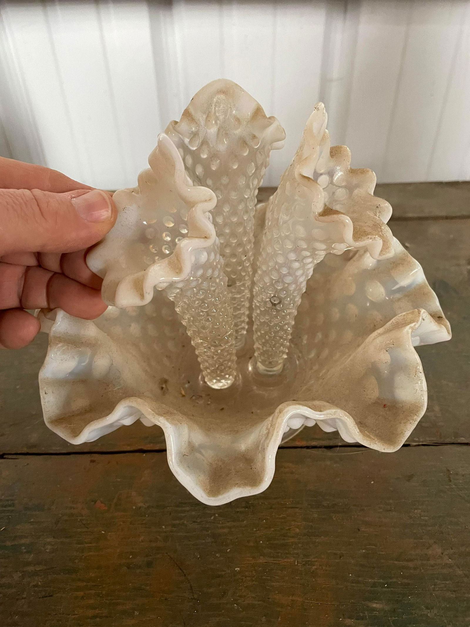 Antique Fenton Hobnail Epergne - Opalescent Art Glass Flower (1 of 3)