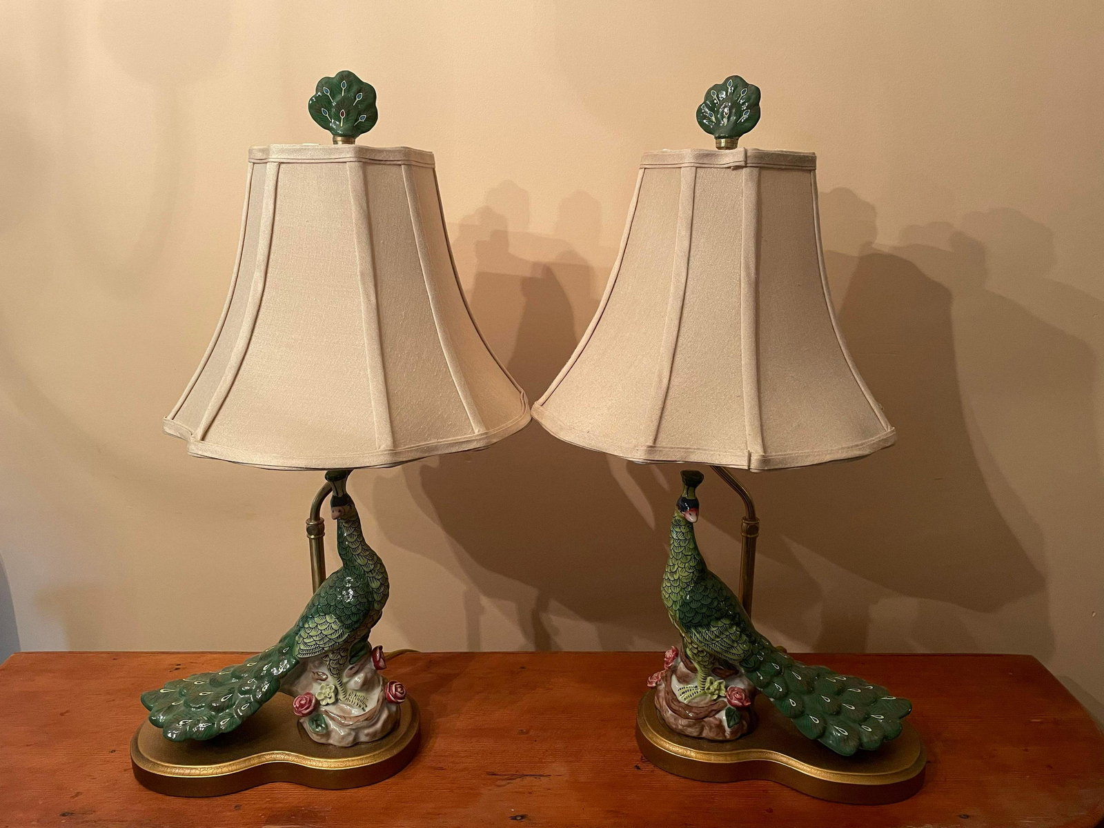 Pair Of Matching Quality Peacock Table Lamps With Brass Hardware And Resin/Pottery Style Peacocks (1 of 3)