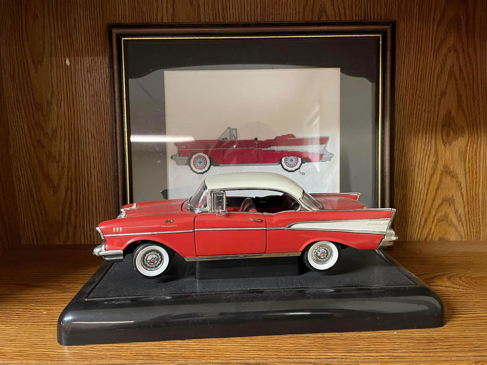 50's Model Chevrolet Bel-Air Die Cast Car On Stand With Needlepoint Style Framed Art 12" (1 of 1)