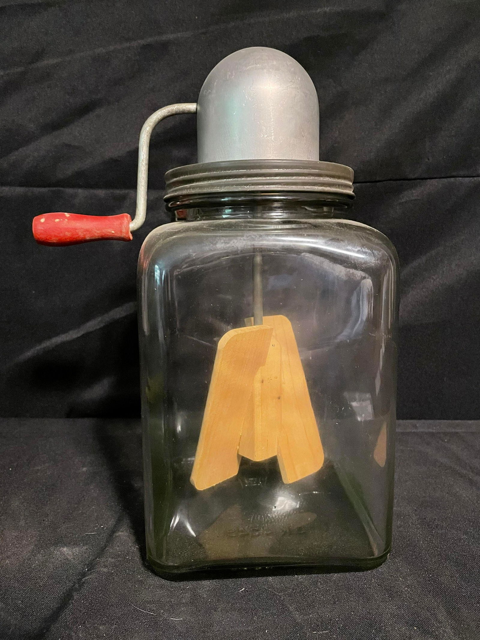 Vintage Glass Dazey/Dazey-Style Mixing Churn With Marked Glass Jar And Top With Red Wooden Handle: Vintage Glass Dazey/Dazey-Style Mixing Churn With Marked Glass Jar And Top With Red Wooden Handle 12"