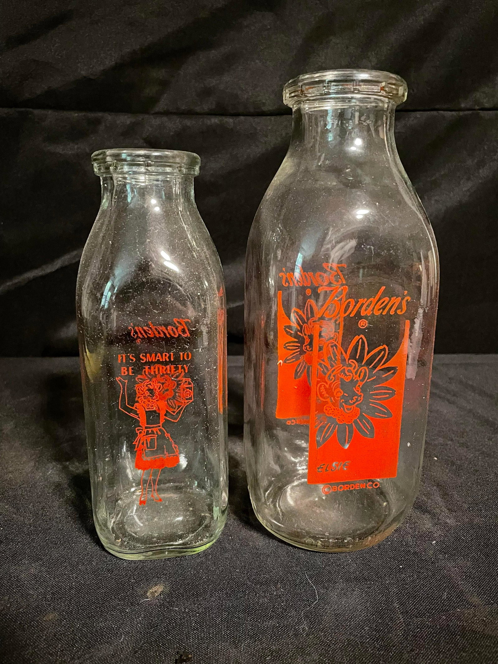 Pair Of Borden's Vintage Glass Dairy Milk Bottles "It's Smart To Be Thrifty" App. 6" (1 of 2)