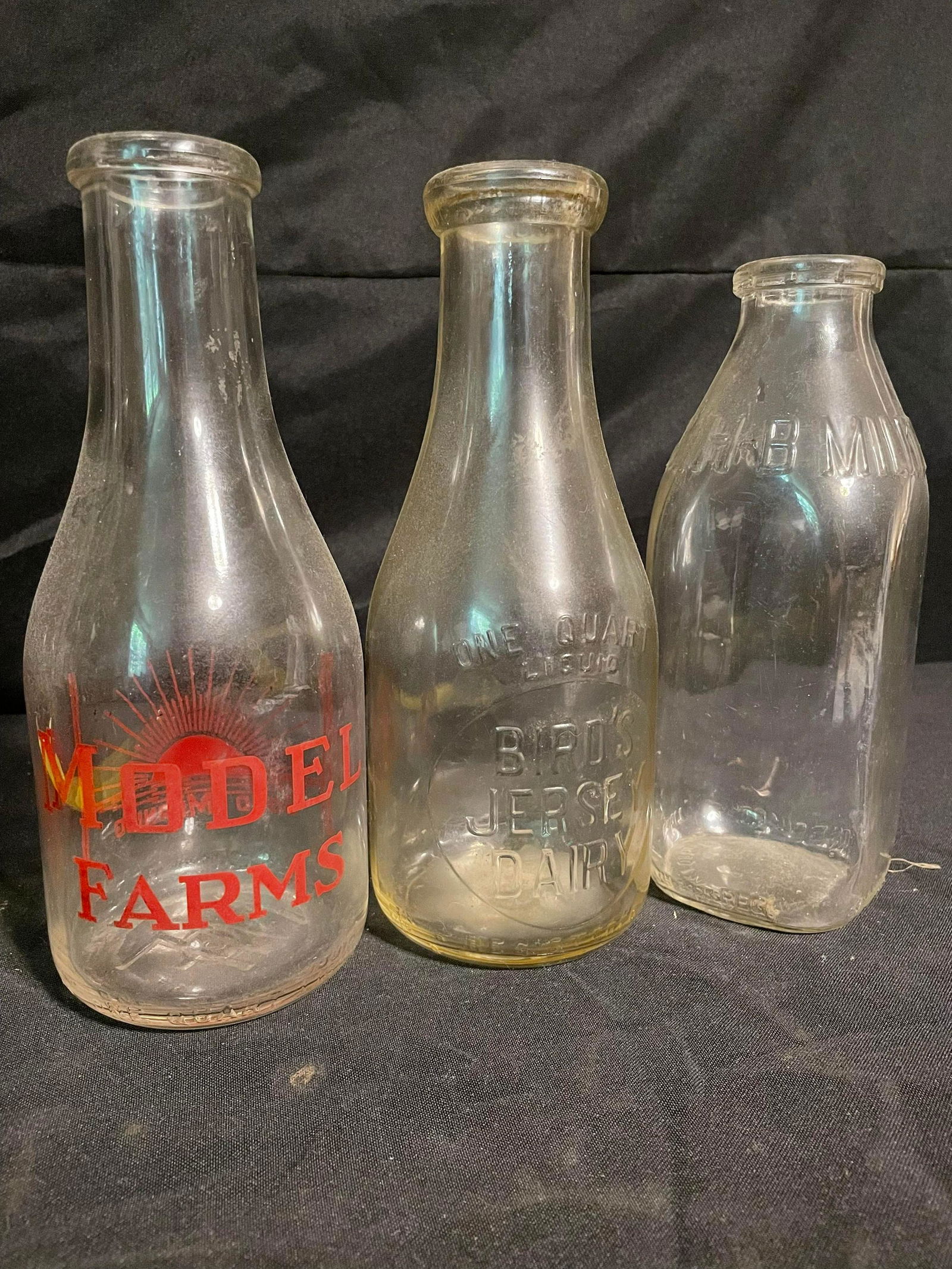 Trio Of Glass Dairy Bottles Including Model Farms And Bird's Jersey Dairy 10" (1 of 3)