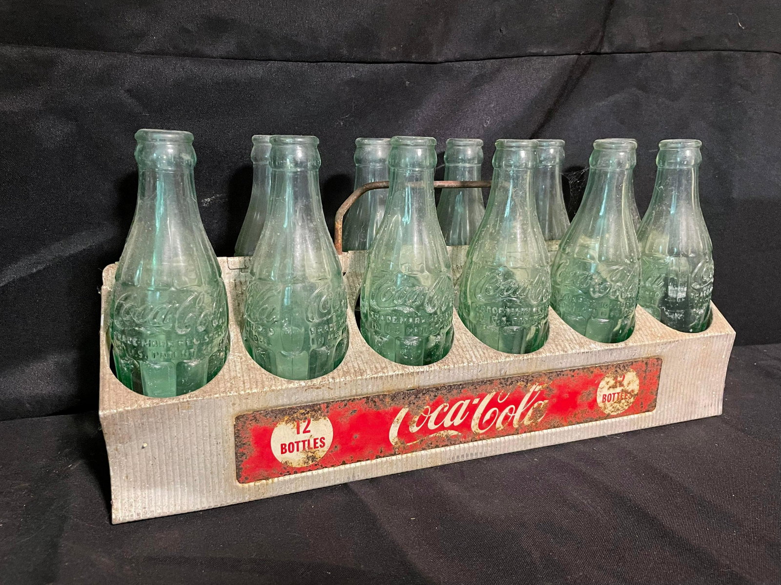 Vintage 12 Bottle Aluminum-Metal Coca-Cola Bottle Rack With Collection Of Glass Coca-Cola Soda: Vintage 12 Bottle Aluminum-Metal Coca-Cola Bottle Rack With Collection Of Glass Coca-Cola Soda Bottles 16"