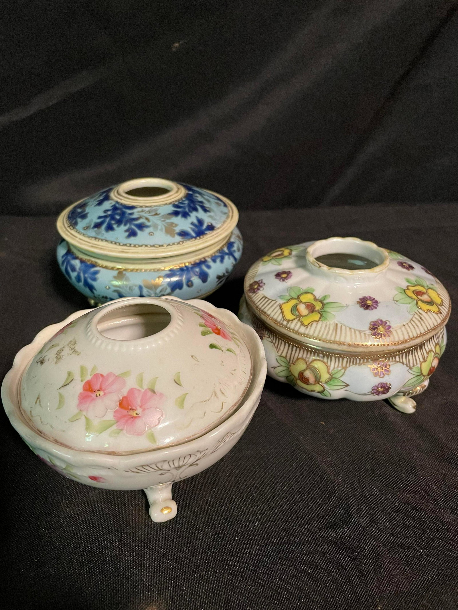 Trio Of Antique Porcelain Hair Receivers Including Hand Painted Nippon 3-5": Trio Of Antique Porcelain Hair Receivers Including Hand Painted Nippon 3-5"