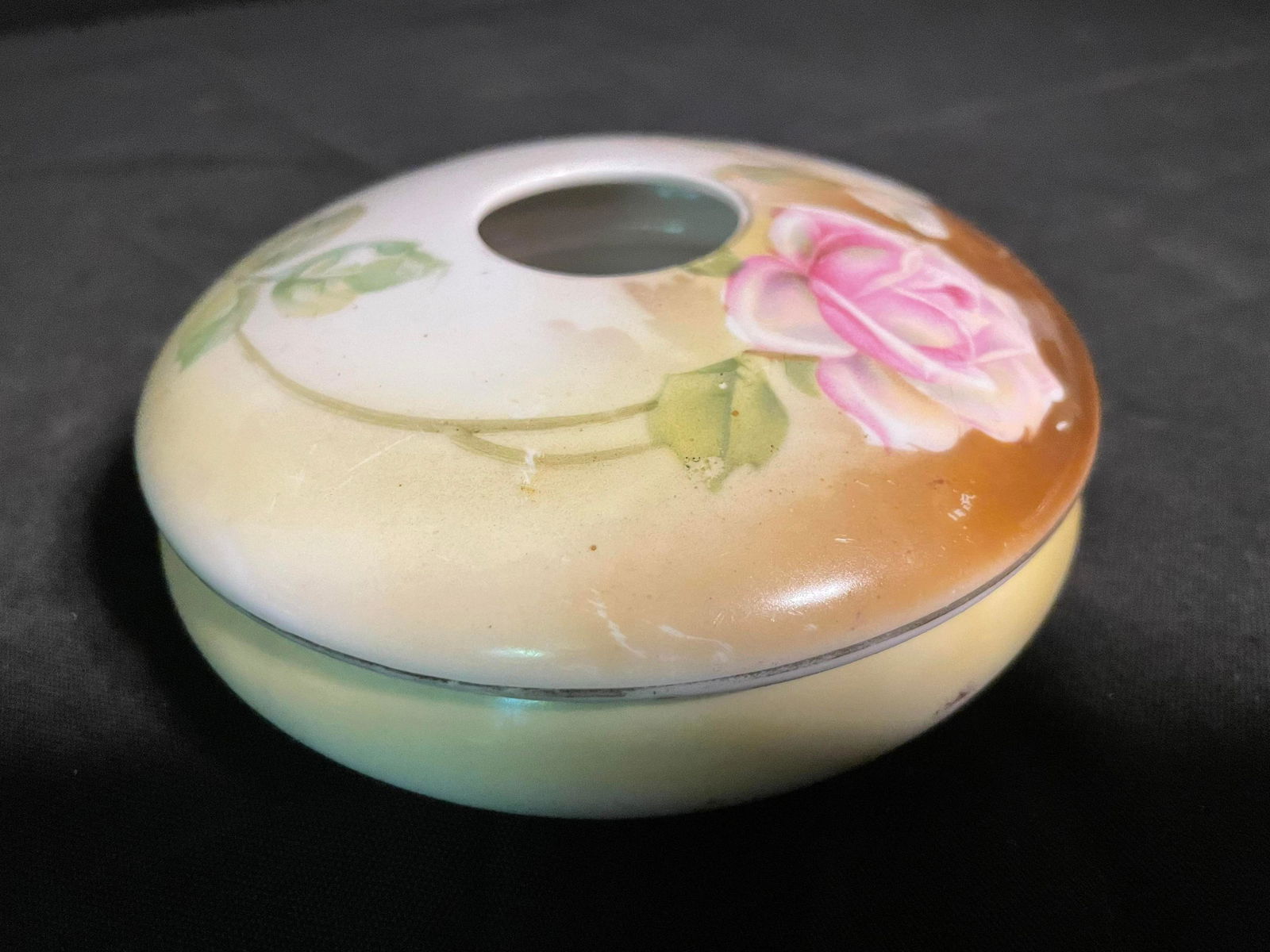 Marked RS Germany Hand Painted Porcelain Antique Hair Receiver With Flower Decoration 4": Marked RS Germany Hand Painted Porcelain Antique Hair Receiver With Flower Decoration 4"