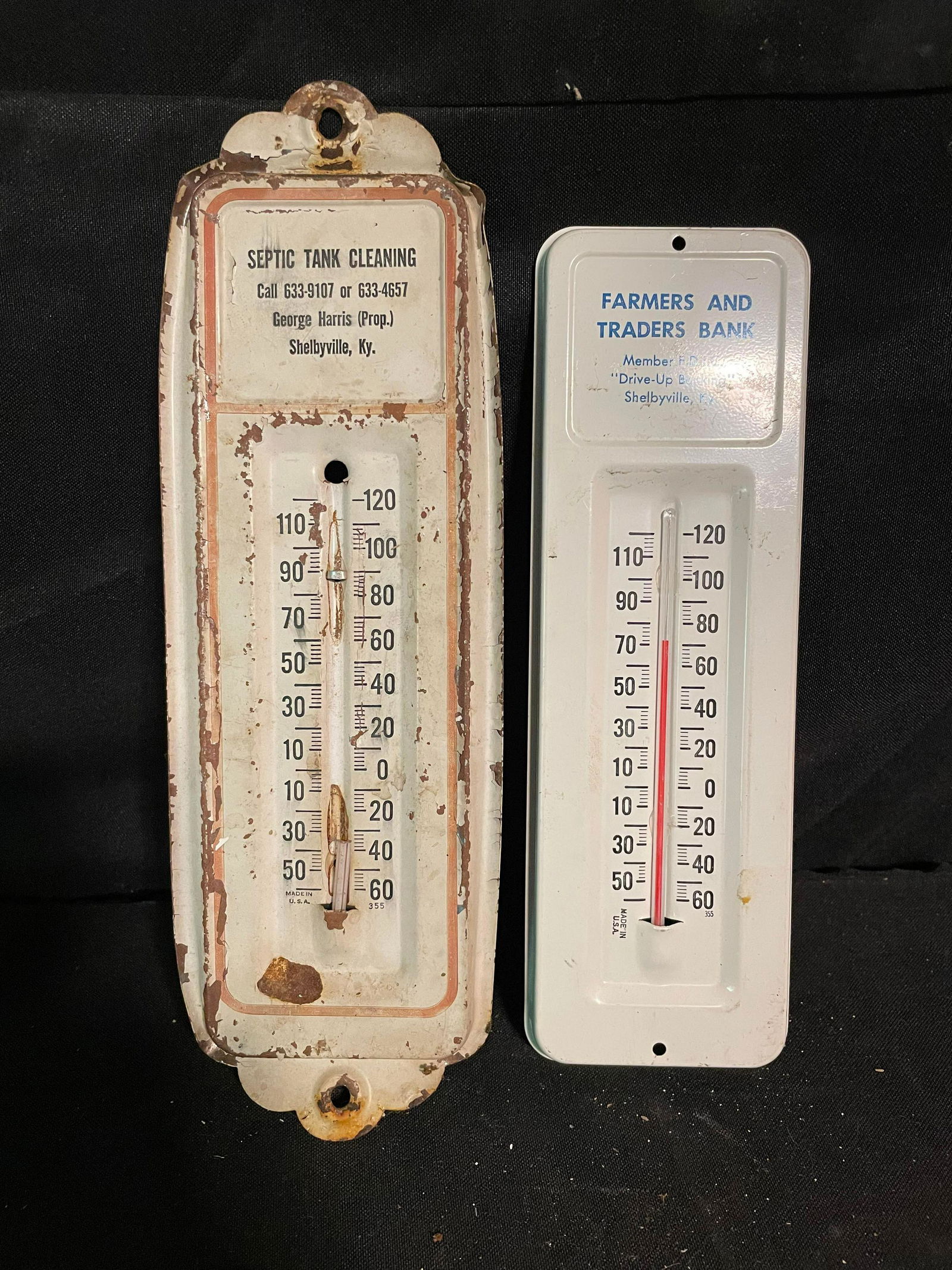 Shelbyville Advertising Metal Thermometers With Septic Tank Cleaning And Farmers And Traders Bank (1 of 3)