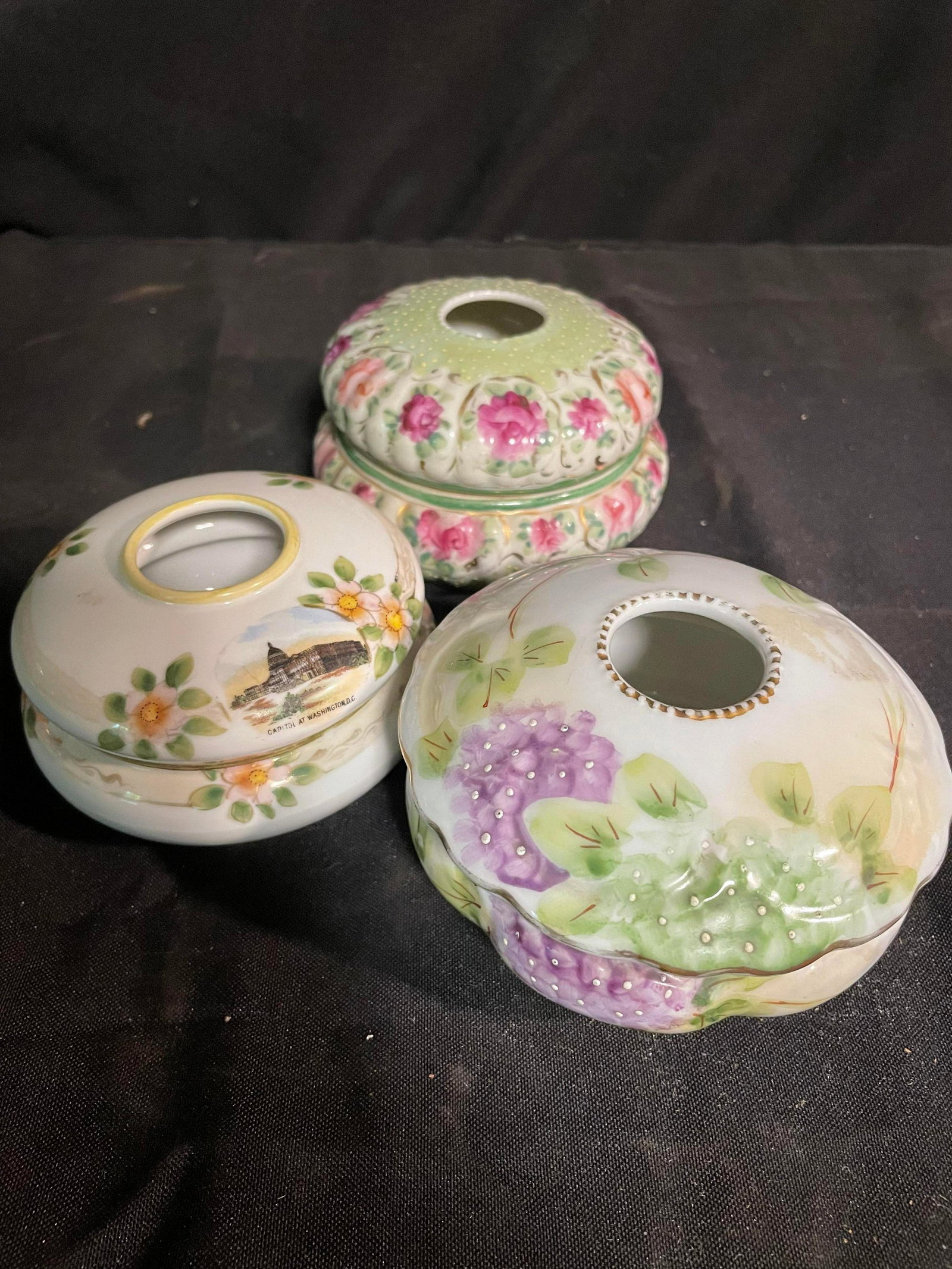 Collection Of Porcelain Hair Receivers Including Marked Hand Painted Nippon, Hand Painted Japan And: Collection Of Porcelain Hair Receivers Including Marked Hand Painted Nippon, Hand Painted Japan And Capitol At Washington D.C. Decorated Hair Receiver 3-5"
