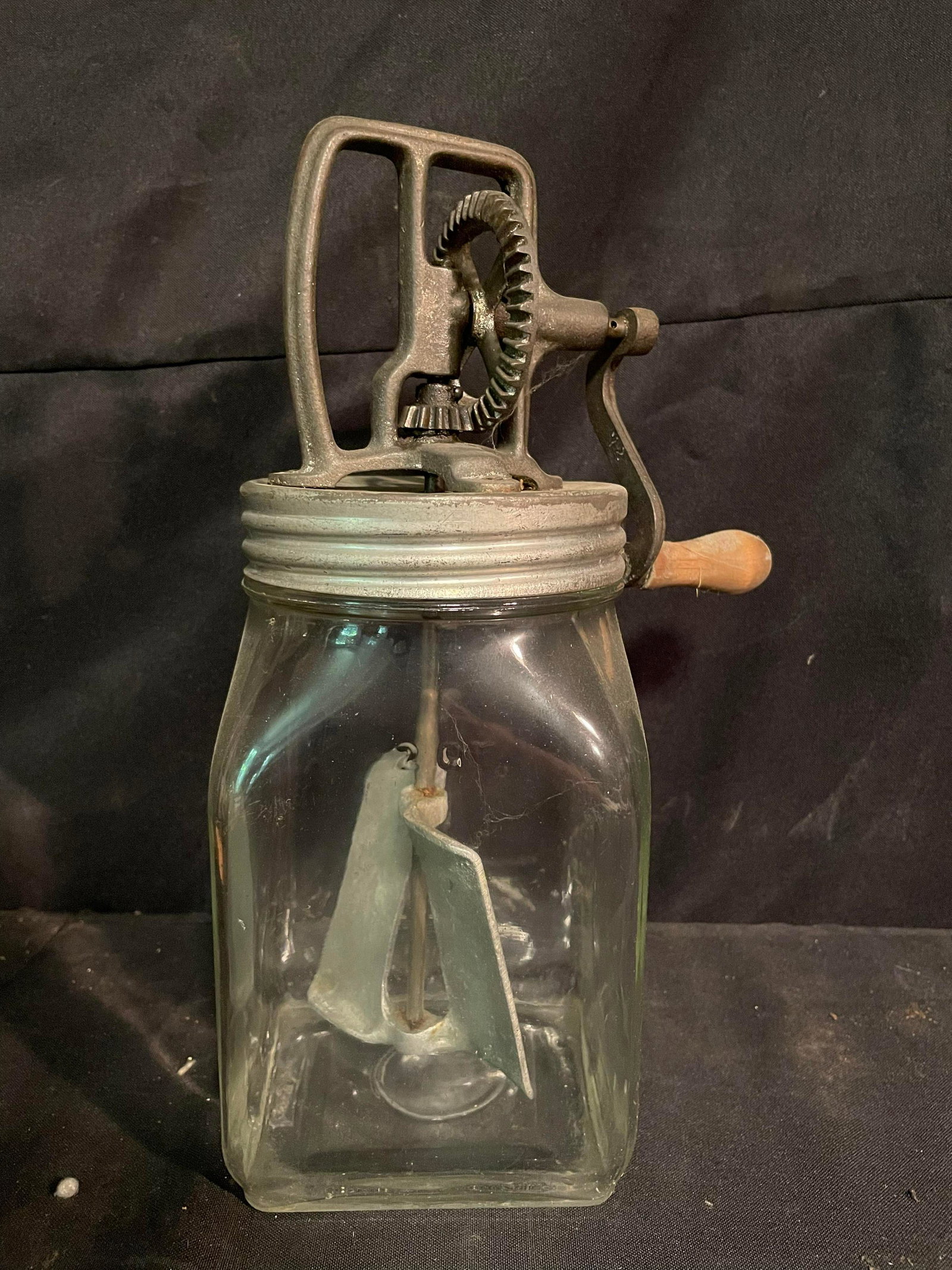 2 Qt. Dazey-Style Glass Mixing Churn With Wooden Handle And Cast Iron/Cast Iron-Style Beater Mixing: 2 Qt. Dazey-Style Glass Mixing Churn With Wooden Handle And Cast Iron/Cast Iron-Style Beater Mixing Paddle 12"
