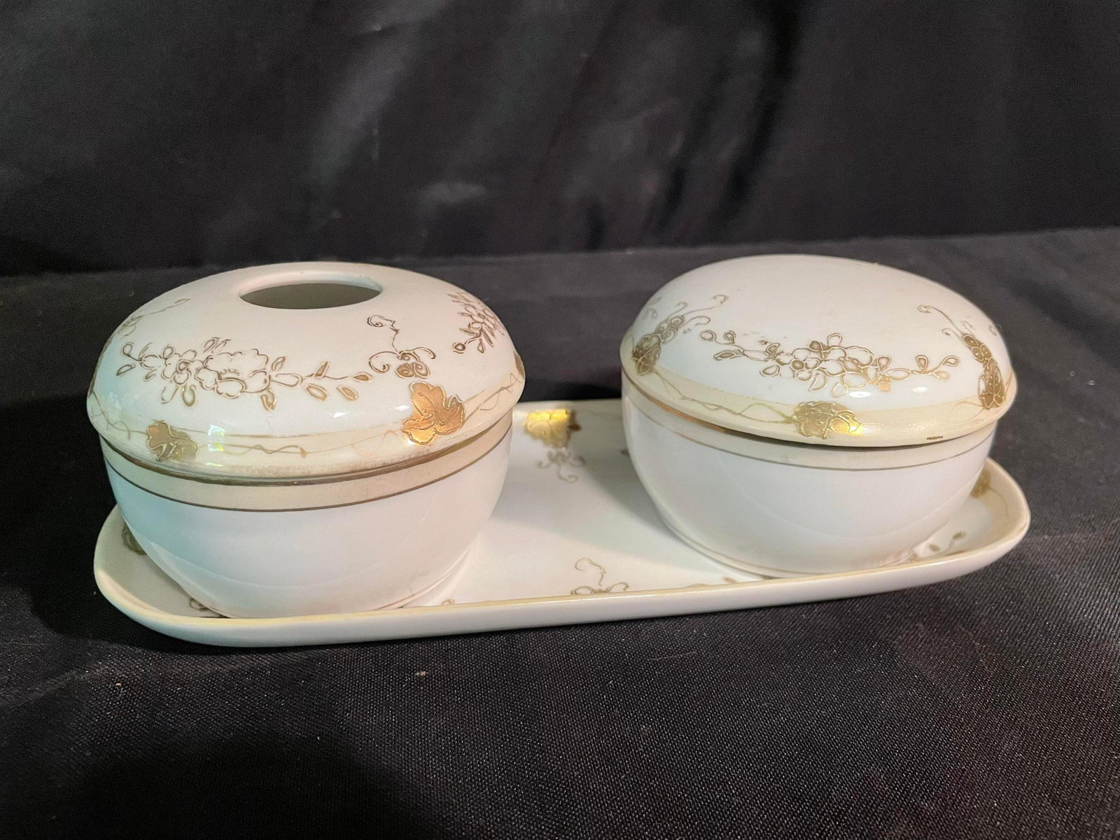 Antique Gold Leaf-Style Decorated Hand Painted Nippon Vanity Set With Hair Receiver-Powder Box: Antique Gold Leaf-Style Decorated Hand Painted Nippon Vanity Set With Hair Receiver-Powder Box 10-12"