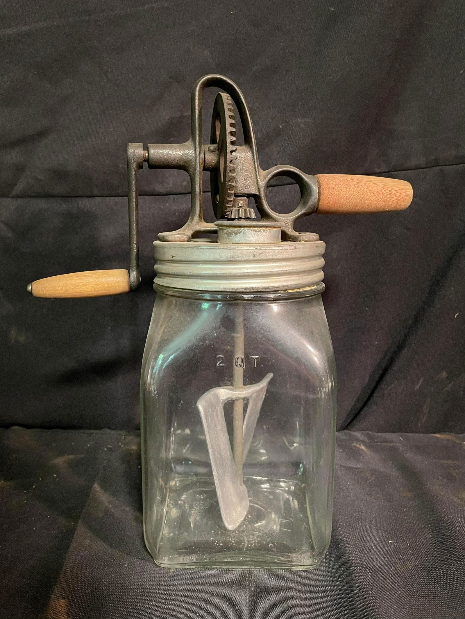 Unique 2 QT. Glass Hand Churn With Unique Wooden Handle And Finger Hole 12" (1 of 3)