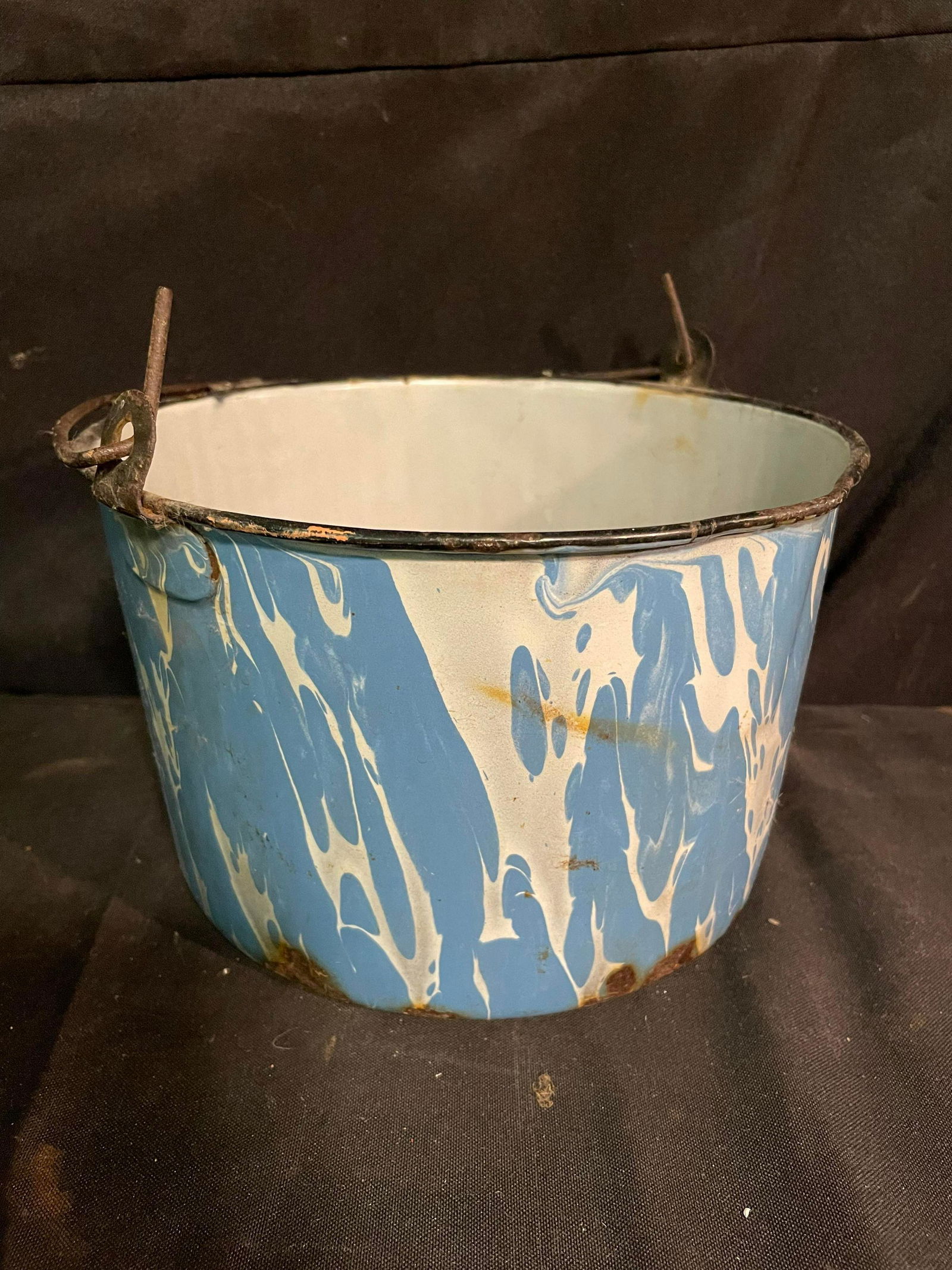 Antique Enamel-Ware Graniteware Pale With Wrought Iron Handle And Blue/White Coloring 9" Diameter (1 of 1)
