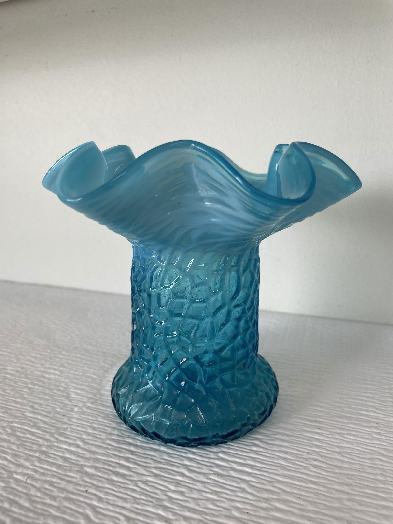 Fenton Vase Criss Cross Pattern Blue Ca. 1920s 5.5" 100101821 (1 of 1)