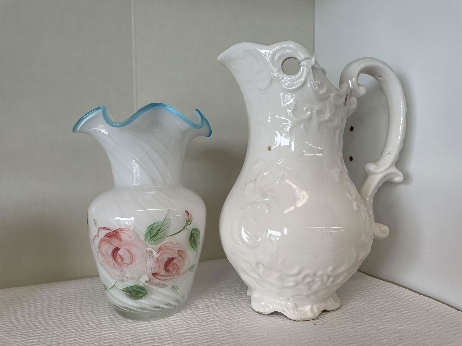 Hand Painted Vase Swirl Glass Aqua Edge 7-8" With Embossed Scroll C7105 Creamy White Small Pitcher (1 of 1)