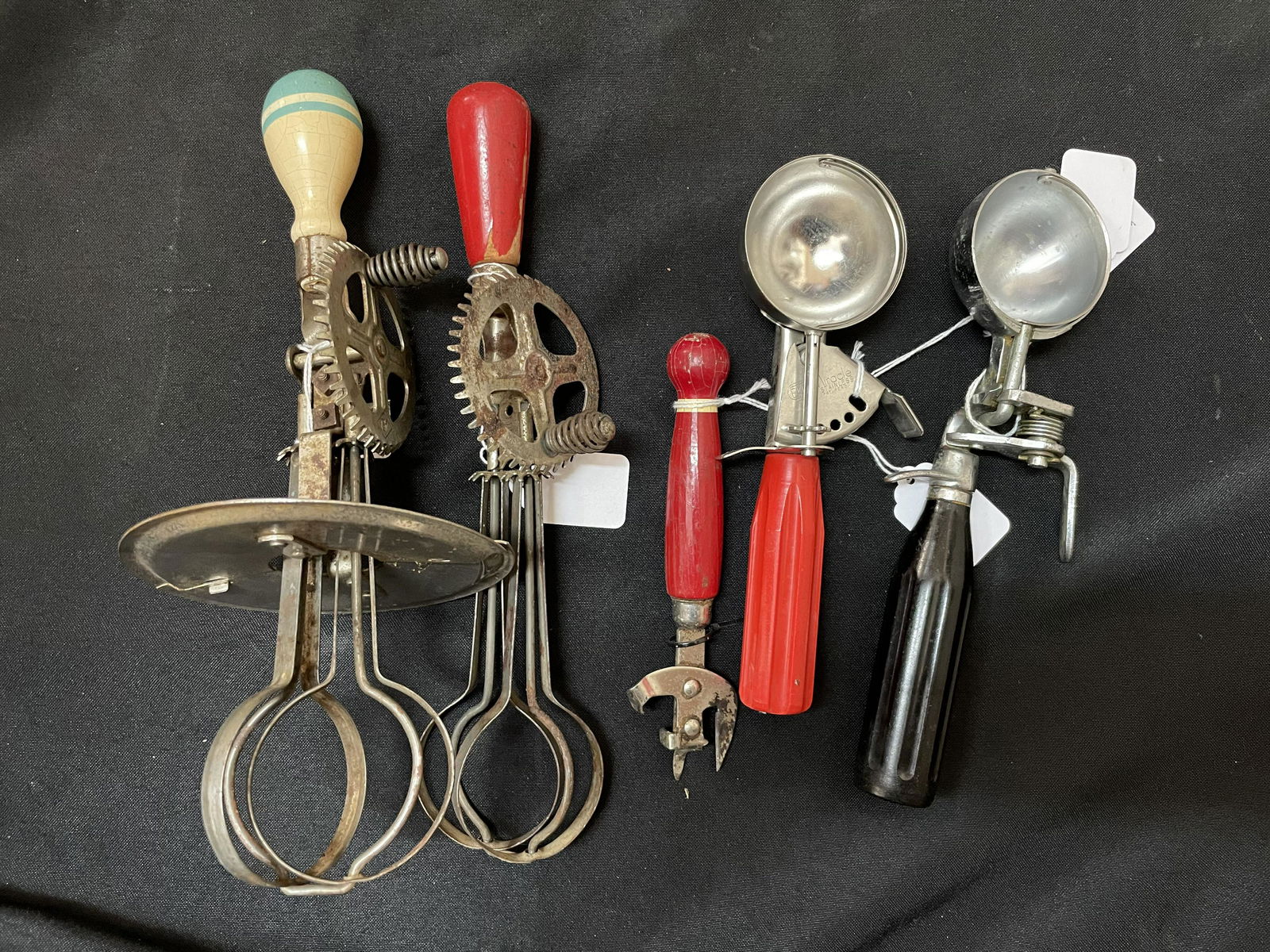Vintage Primitive Wooden Handle Ice Cream Scoops, Hand Mixers And Can Opener (1 of 1)