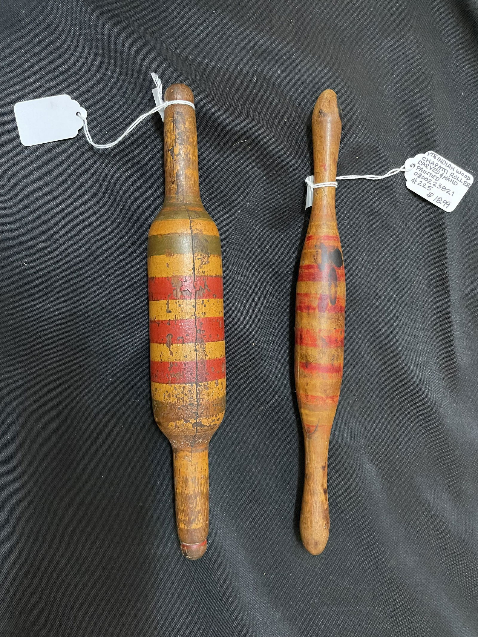 Pair Of Vintage Indian Wood Chapatti Roller Carved Head Painted Rolling Pins 12" (1 of 1)