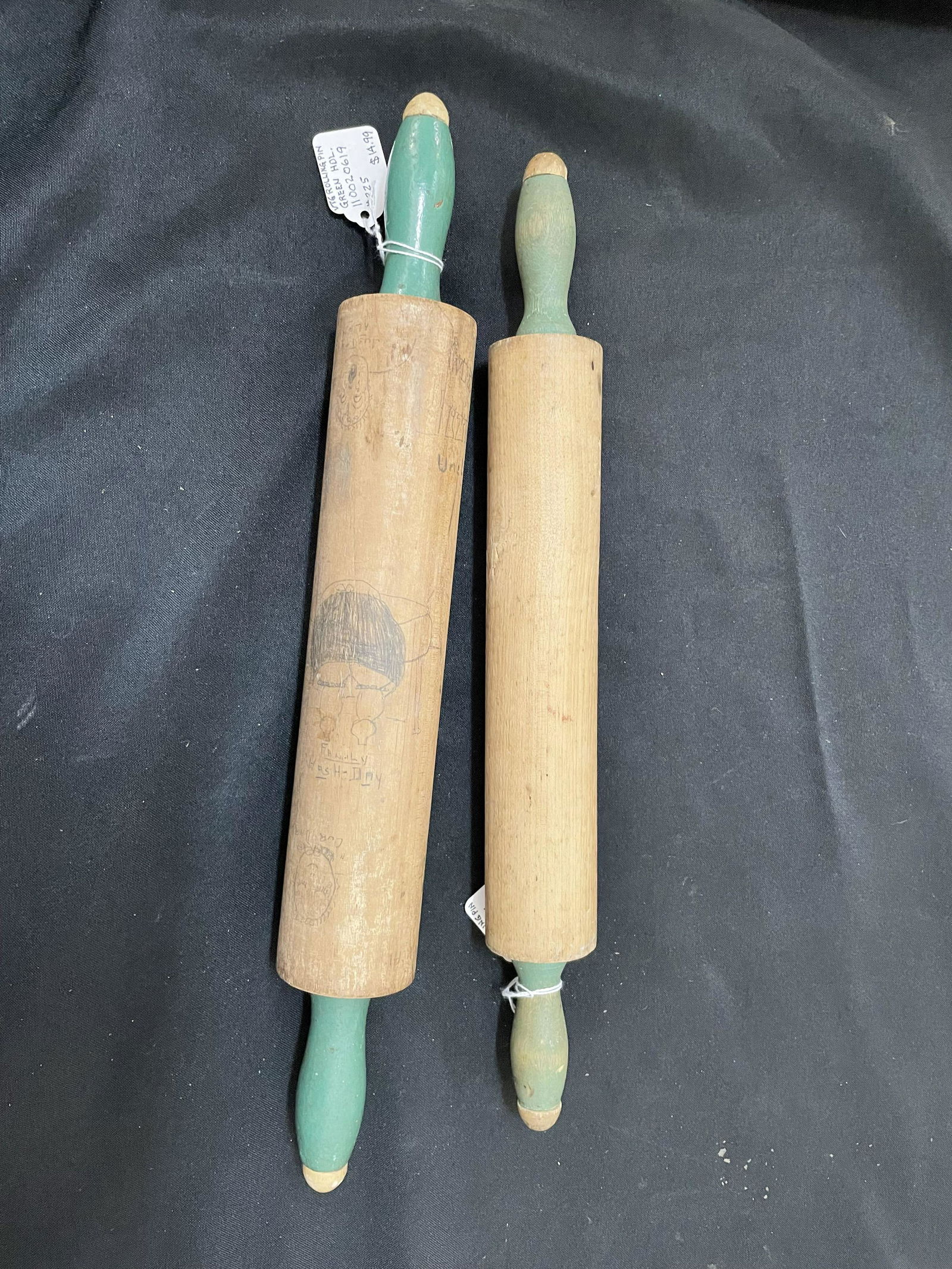Pair Of Primitive Style Wooden Green-Handle Rolling Pins 14" (1 of 1)