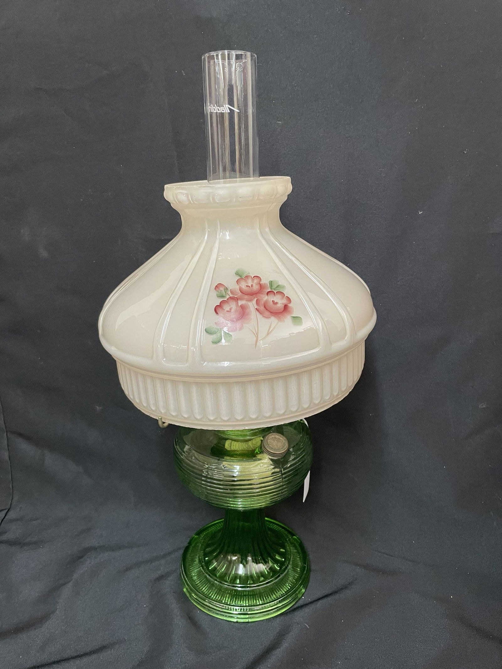 Antique Emerald Green Style Non-Electrified Aladdin Oil Lamp With Hand Painted Floral Decorated (1 of 3)