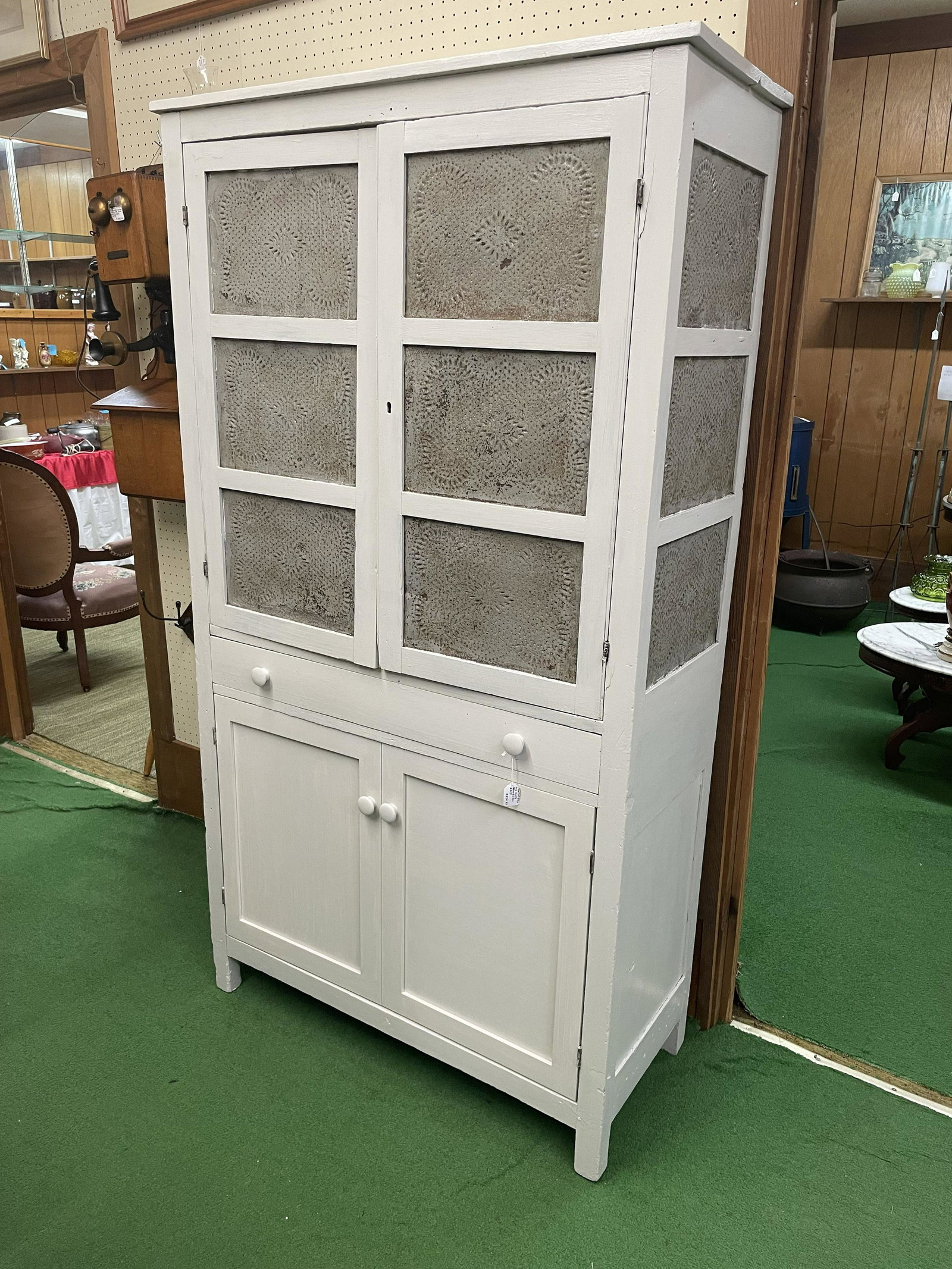 Antique Primitive Style Painted Wooden Pie Safe - Jelly Cabinet Style Punched 12-Tin Vents (1 of 3)