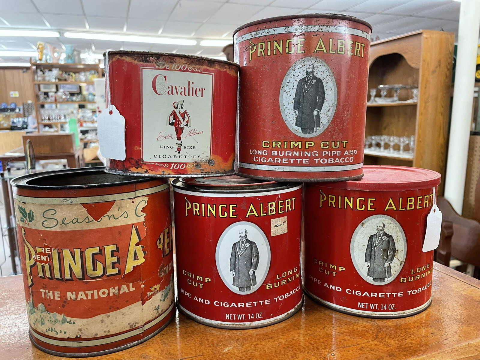 Collection Of Prince Albert Pipe And Cigarette Tobacco Tins With Paper  Label Tin And Cavalier Tin