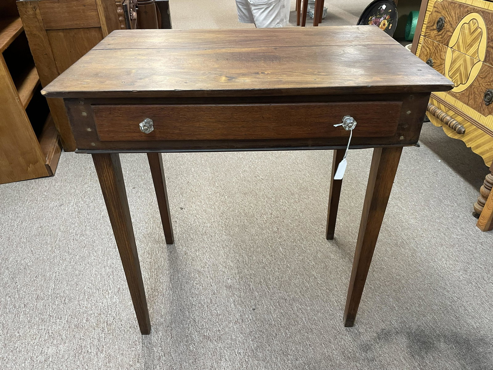 Antique One Drawer Stand With Shaker-Style Tapered Legs And Glass Pulls 28"x18"x30" (1 of 3)