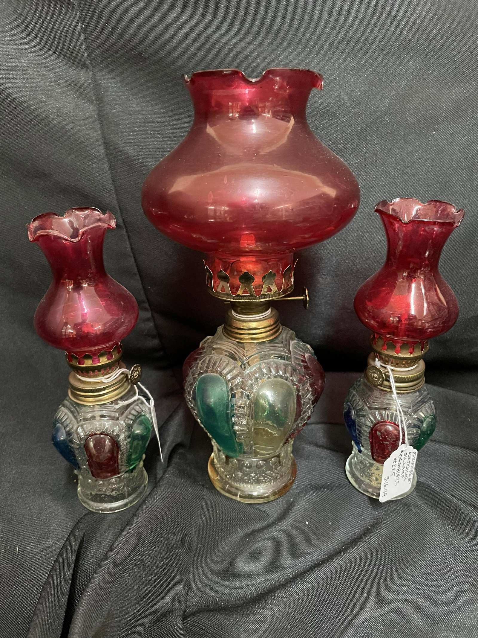 Trio OF Antique Miniature Oil Lamps With Red Glass Shades As Found 11": Trio OF Antique Miniature Oil Lamps With Red Glass Shades As Found 11"