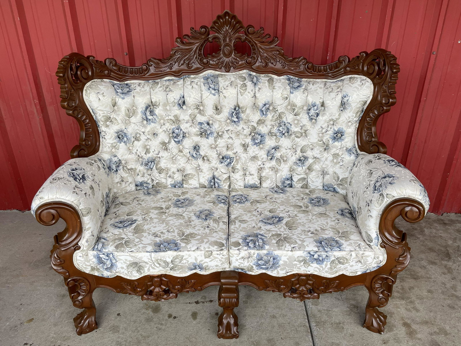 Oversized Highly Carved Victorian Style Ball In Claw Footed Loveseat With Floral Pattern Upholstery (1 of 3)