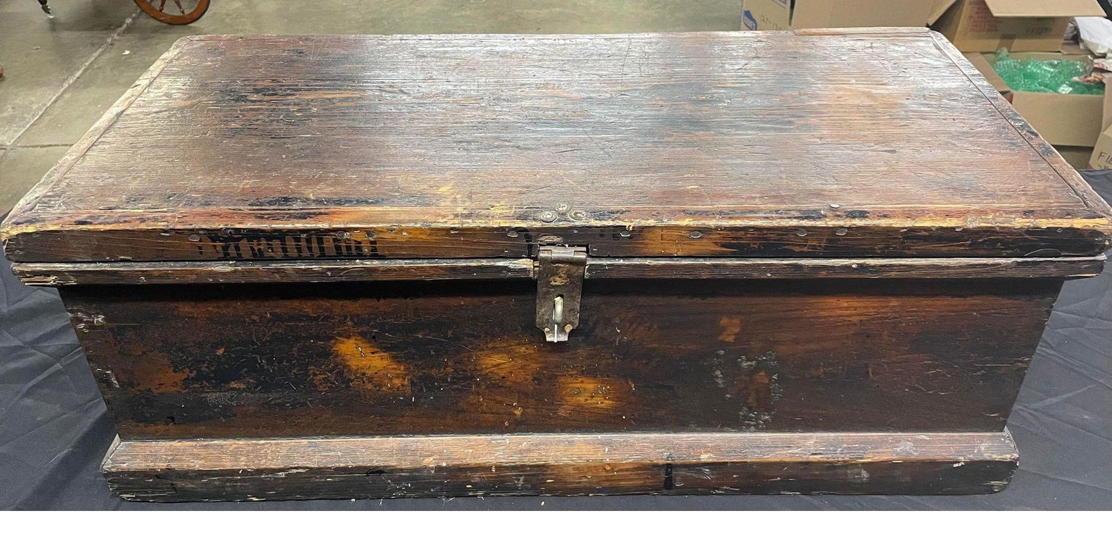 Vintage Flat Top Wood Trunk w/ Metal Handles (1 of 4)